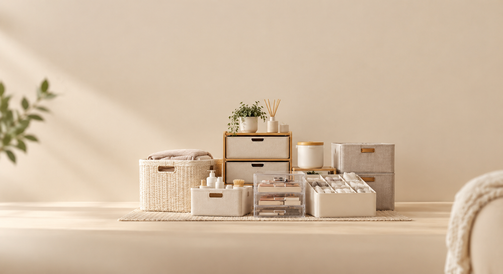 Home organization in a warm, natural interior